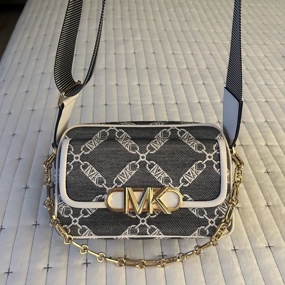 Michael Kors Black and White Crossbody with Gold Chain